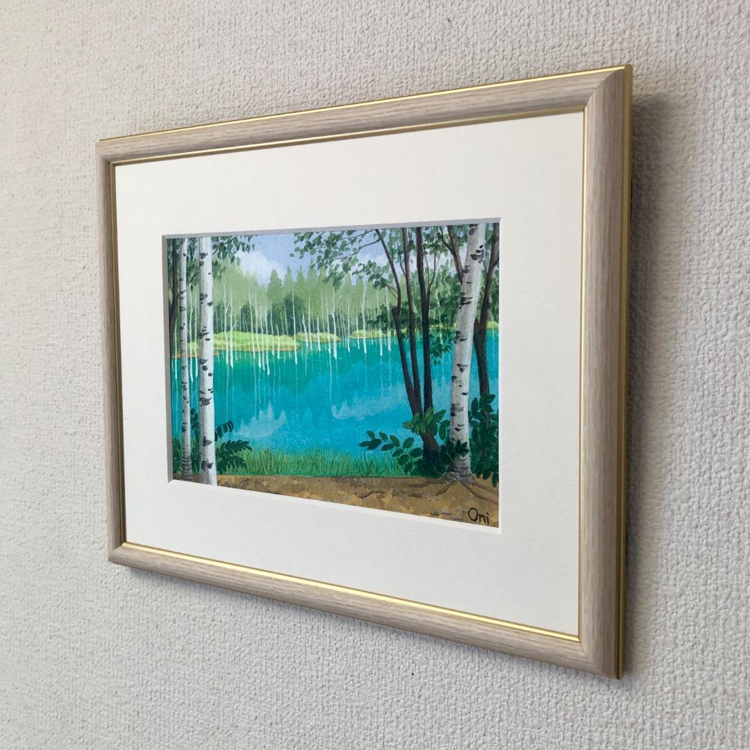 アクリル画　原画　「美瑛・青い池03」額縁付　SMサイズ　風景画
