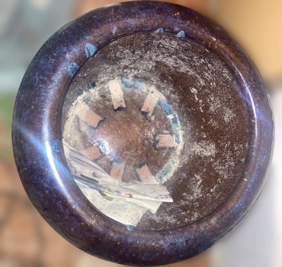 火鉢 水鉢 直径60cm 青色と茶色の陶器製火鉢