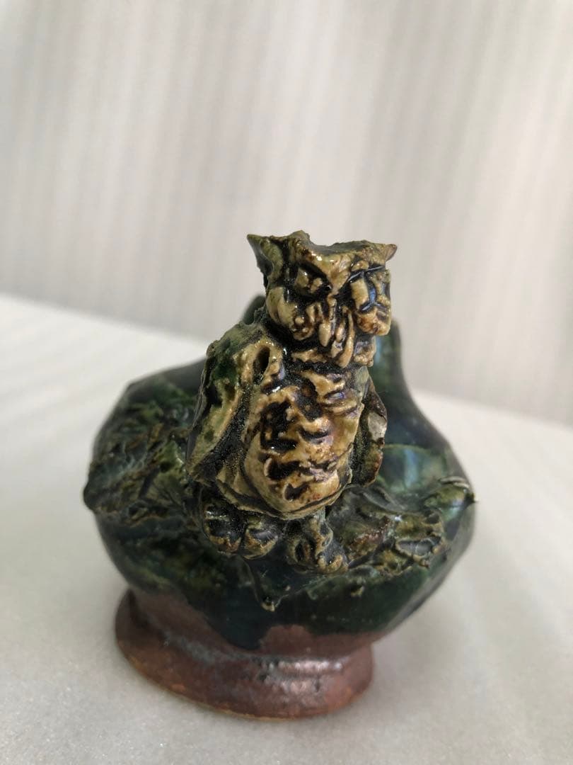 フクロウ 古織部焼 古美術 工芸品 花器 高さ約8cm 置物 インテリア