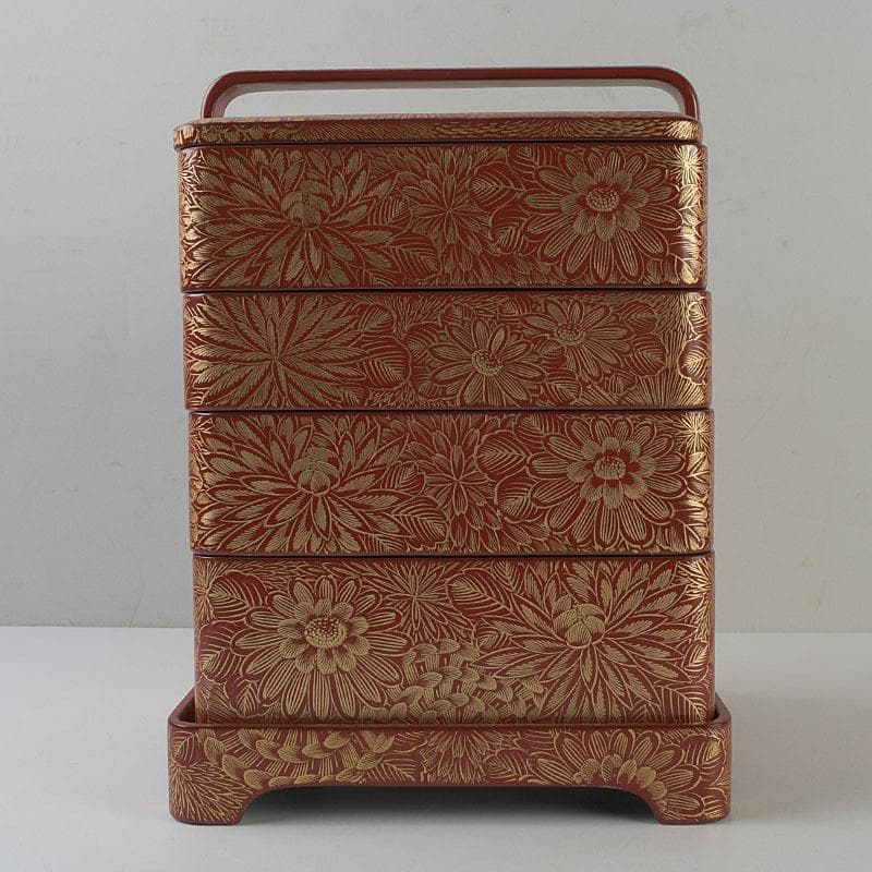 ゆりる　輪島塗　沈金蒔絵　菊彫文　手提四段重箱　共箱　M　R9137H