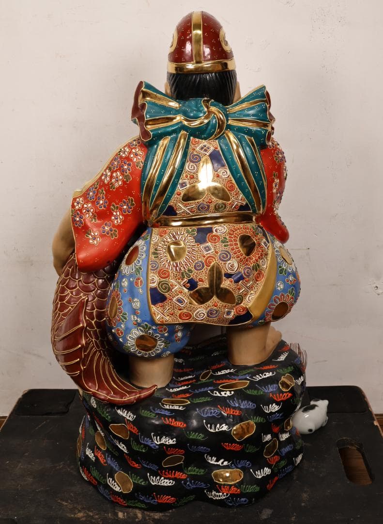 九谷焼 峰光 銘 色絵金彩 恵比寿像 七福神 置物 高さ約62cm BK125