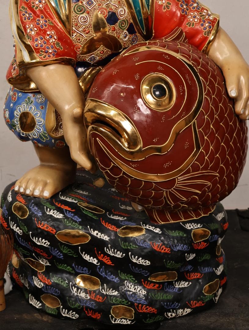 九谷焼 峰光 銘 色絵金彩 恵比寿像 七福神 置物 高さ約62cm BK125