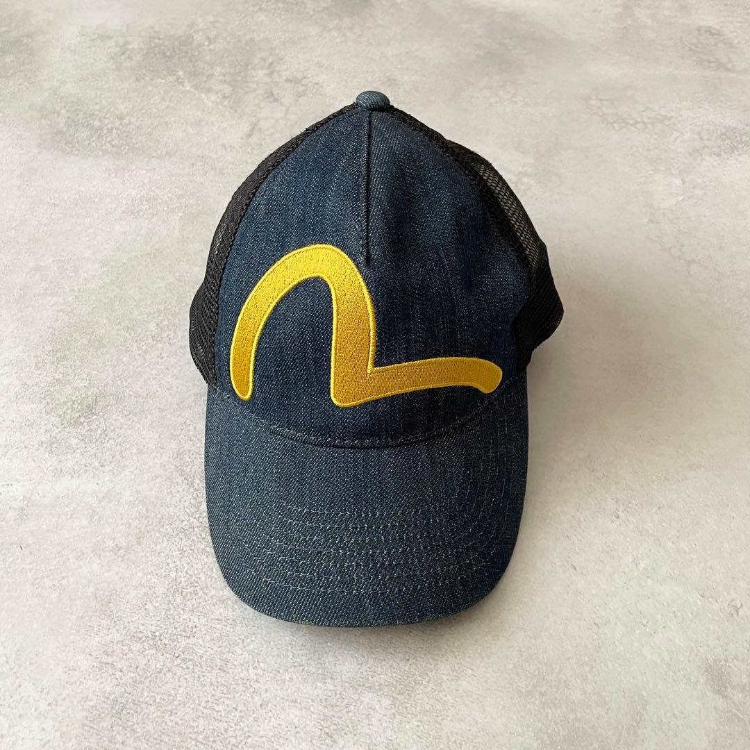 EVISU デニムキャップ カモメ刺繍 イエロー インディゴ メッシュ