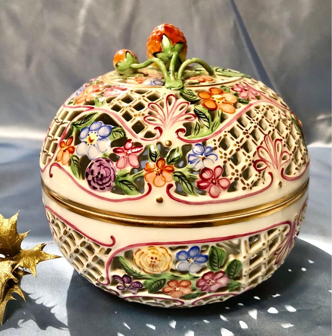 ヘレンド★特大透かしボンボニエール ★希少★17.5cm☆アンティーク金彩♪値下