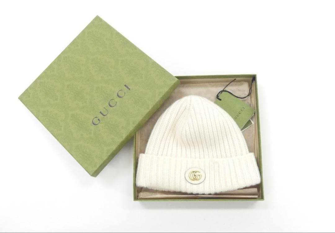 GUCCI ニット帽 VICTOR ダブルG付きウールカシミヤキャップ ホワイト
