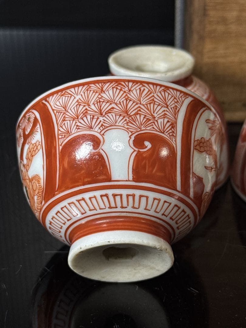 江戸期 湖東焼 赤絵金蘭手 窓絵人物図 煎茶碗 5客茶道具