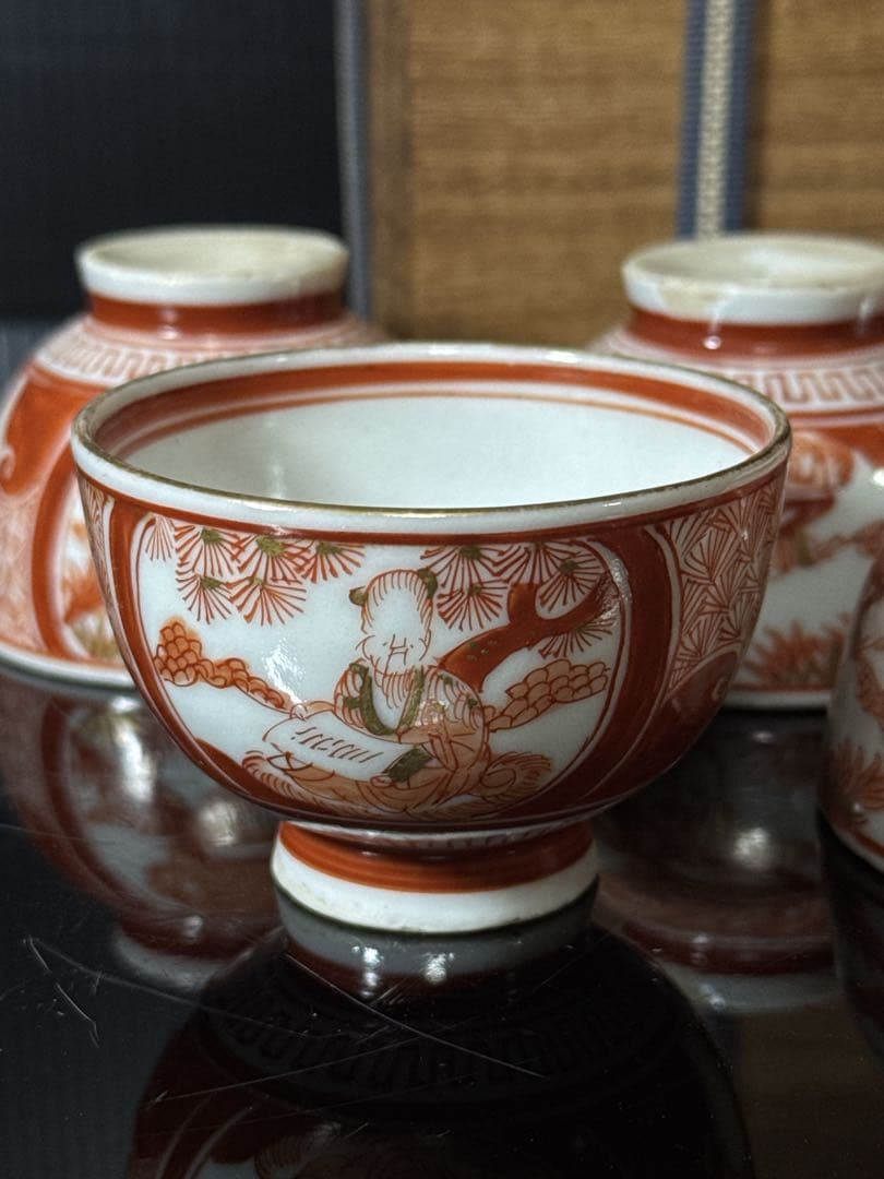 江戸期 湖東焼 赤絵金蘭手 窓絵人物図 煎茶碗 5客茶道具