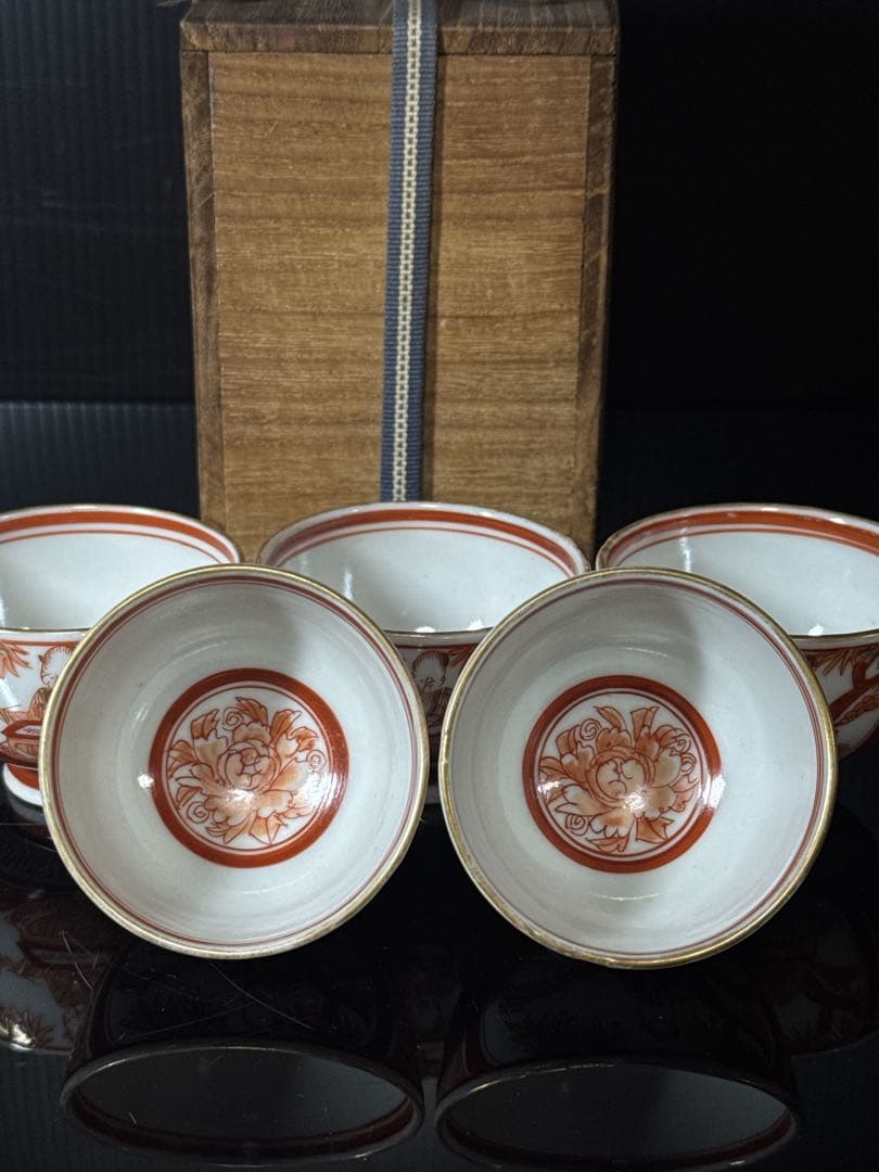 江戸期 湖東焼 赤絵金蘭手 窓絵人物図 煎茶碗 5客茶道具