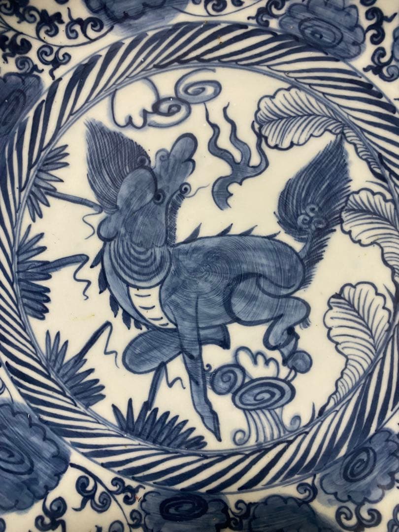 清朝 青白磁の神話的生物の皿 セット2枚