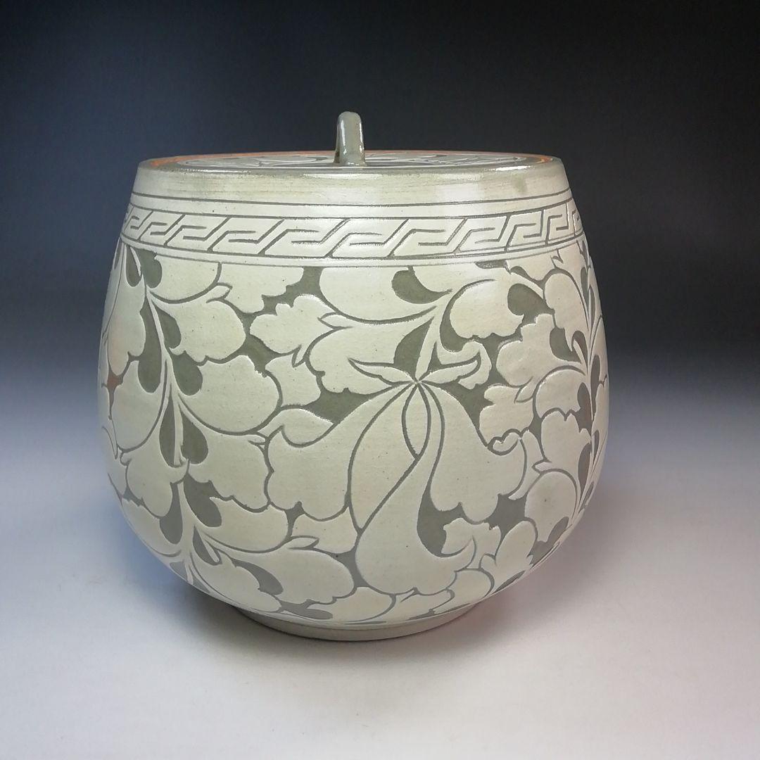 Ｓ７８１　水指　『唐草　中葉』『黃仁哲』　共箱　茶道具