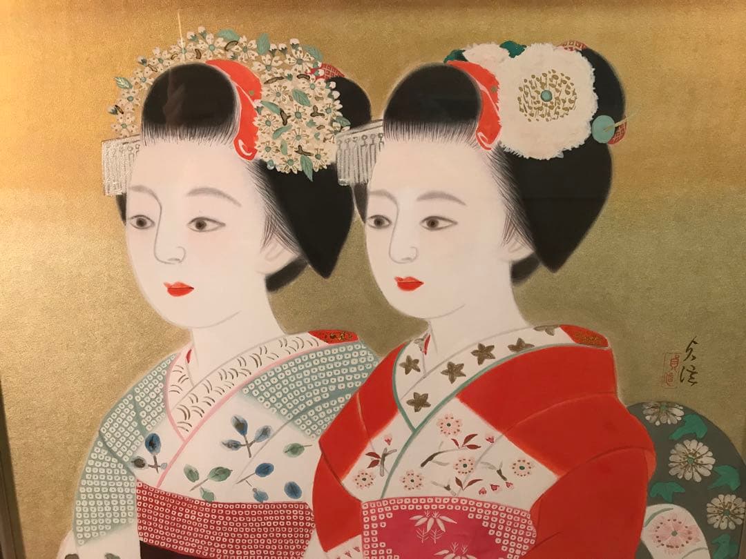 山平貞信　「舞妓」　日本画Ｆ１０号　直筆サイン・落款・共シール有り　②