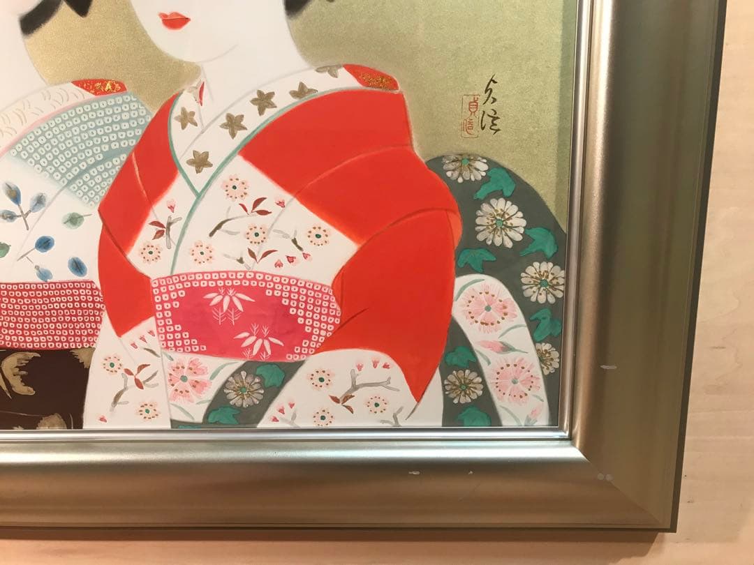 山平貞信　「舞妓」　日本画Ｆ１０号　直筆サイン・落款・共シール有り　②