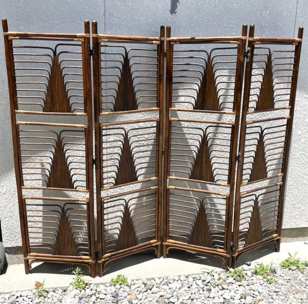 希少 昭和レトロ 籐 ラタン 4連 パーテーション 間仕切り 衝立