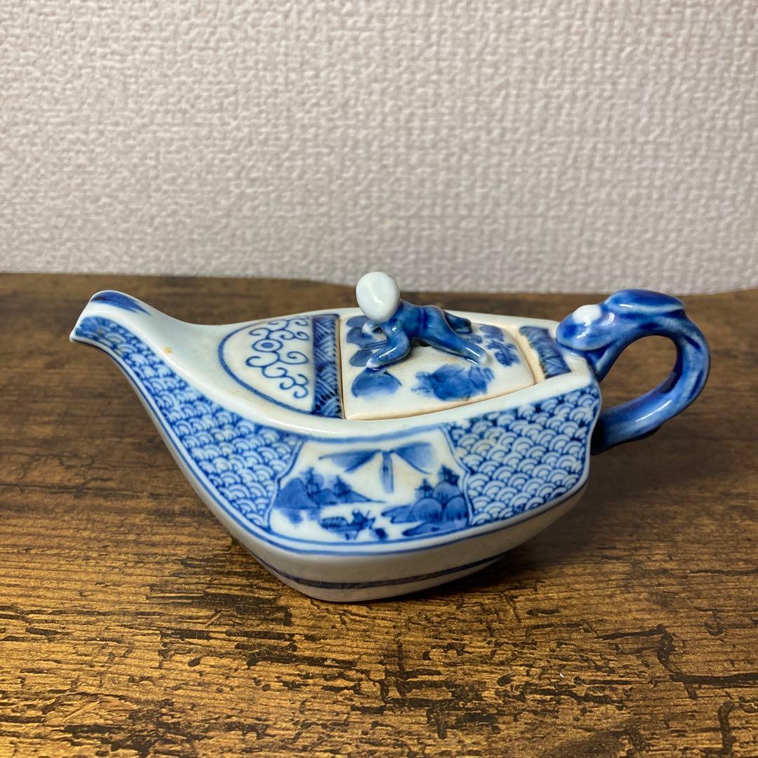 E-壁 【希少】染付 唐子蓋付 水滴 急須型 書道具 陶器 手書き 青華