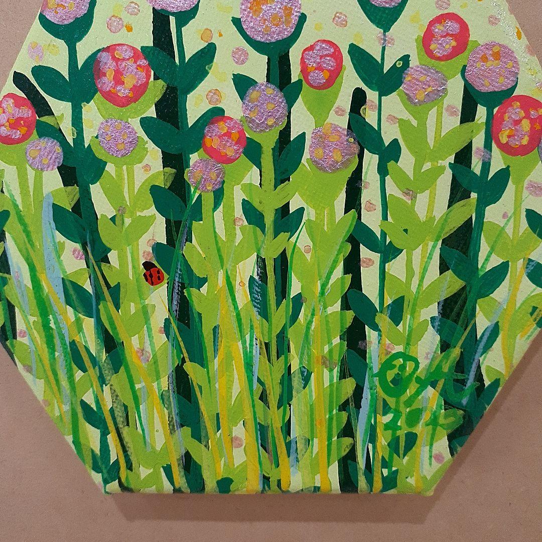 画家　小楠アキコ　ピンクのクローバー　15×15cm　六角形キャンバス　額付き