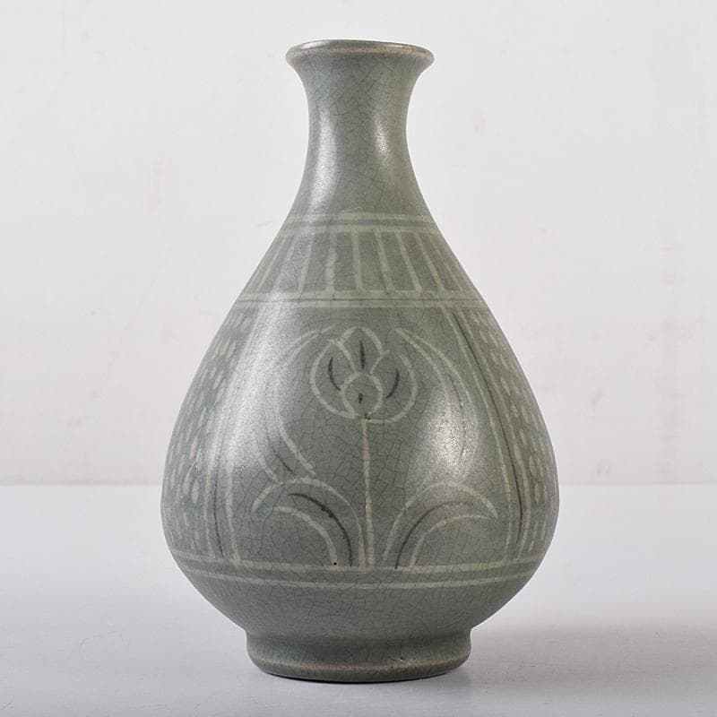 朝鮮美術 李朝 高麗青磁 象嵌花文 徳利 V R7944