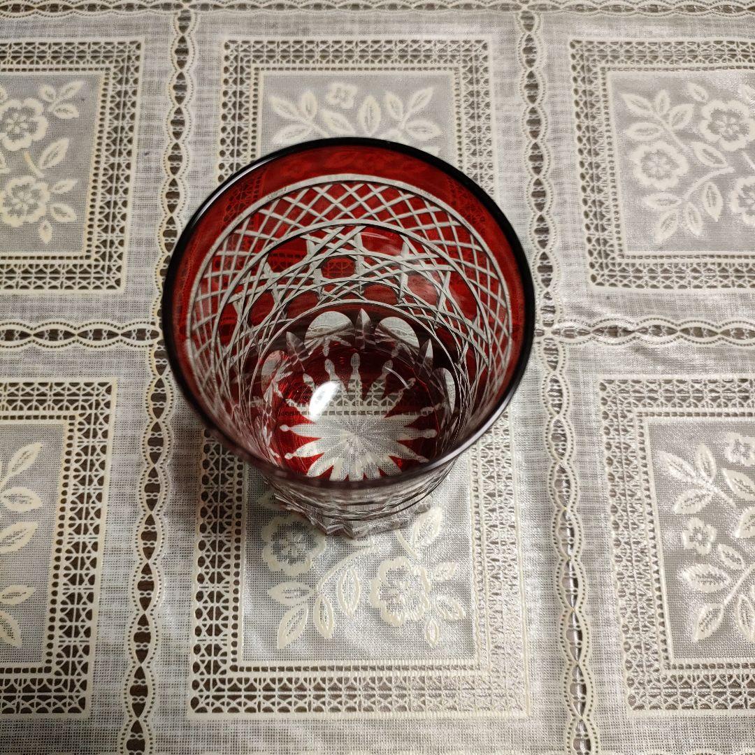 未使用 ヤマザキガラス製 薩摩切子 南蛮赤 矢来籠目 菊透かし紋様 栞