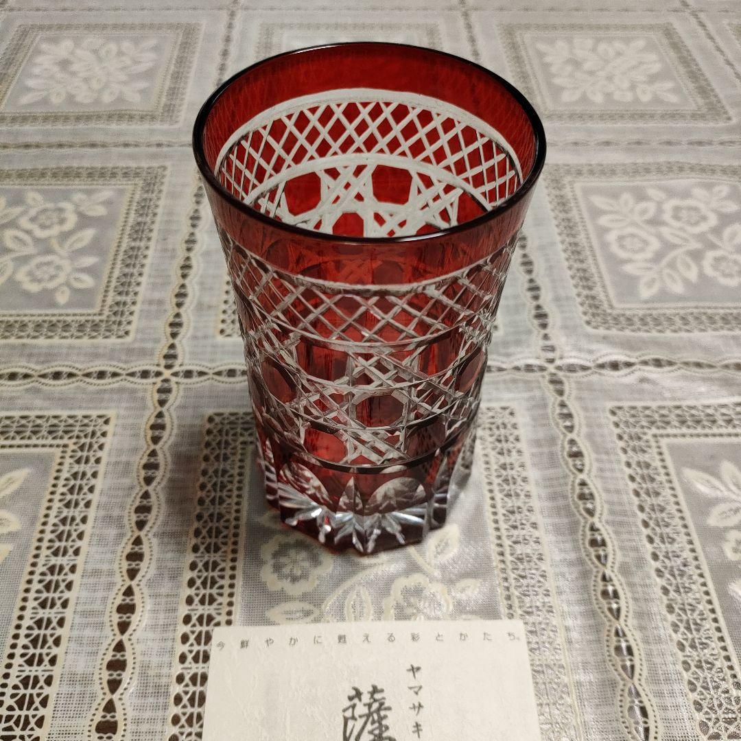 未使用 ヤマザキガラス製 薩摩切子 南蛮赤 矢来籠目 菊透かし紋様 栞