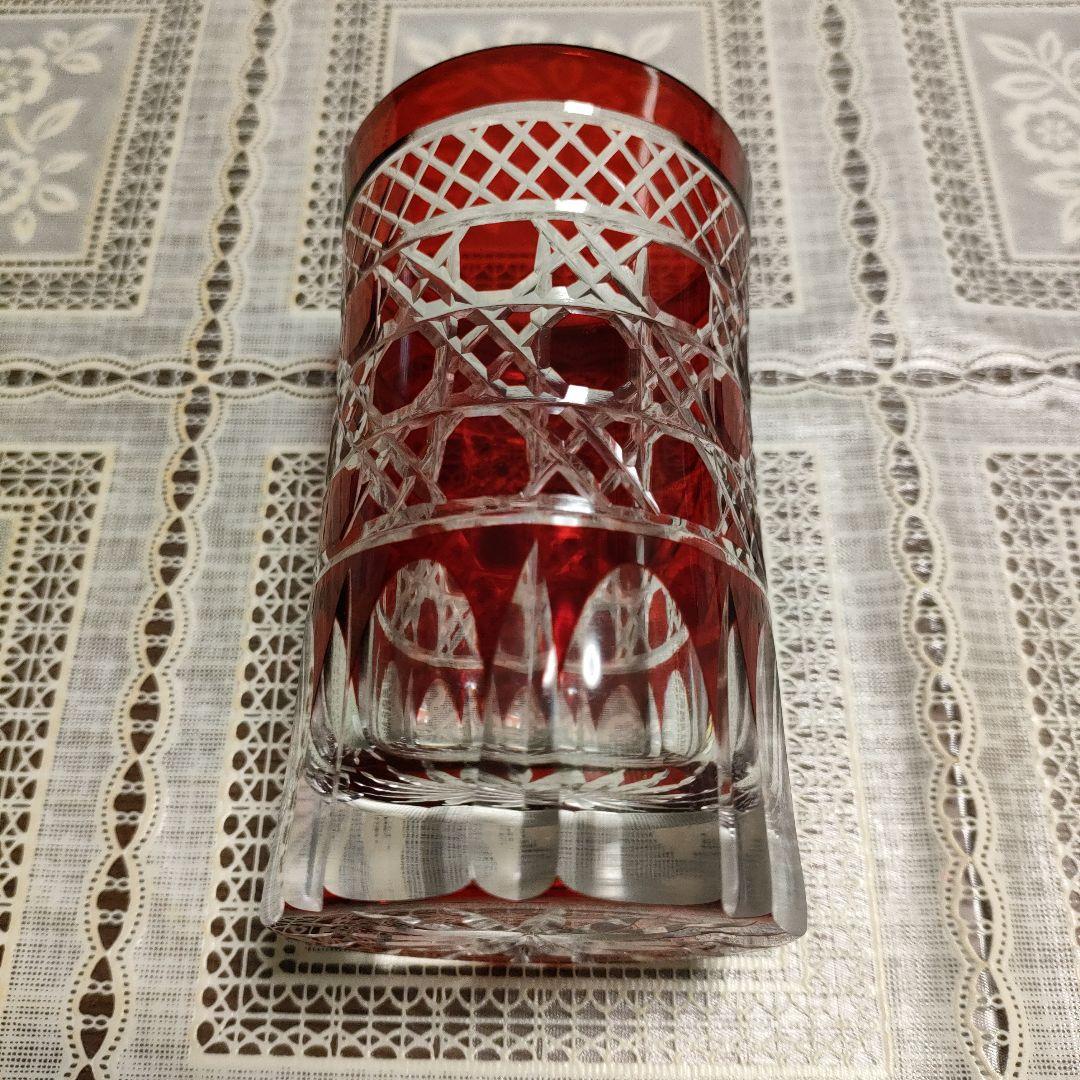 未使用 ヤマザキガラス製 薩摩切子 南蛮赤 矢来籠目 菊透かし紋様 栞