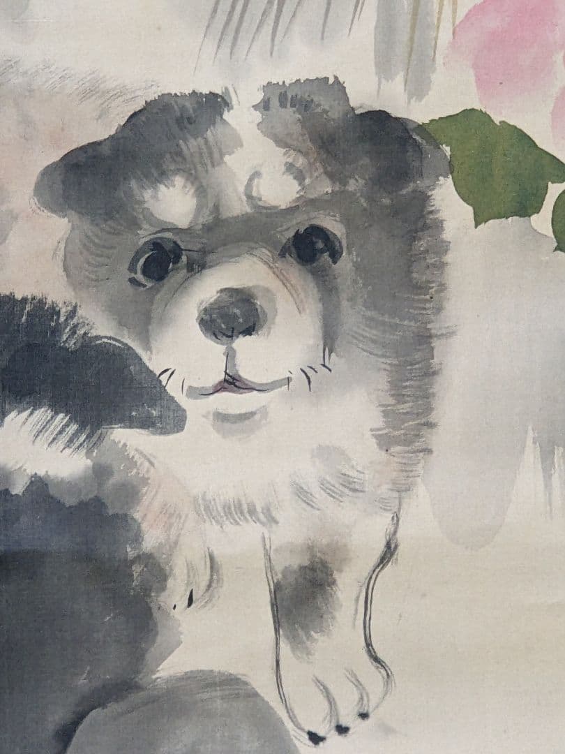 ♦犬と椿図 絹本水墨画 墨彩画 掛け軸？円山派 明治時代 鹿角古美術骨董品