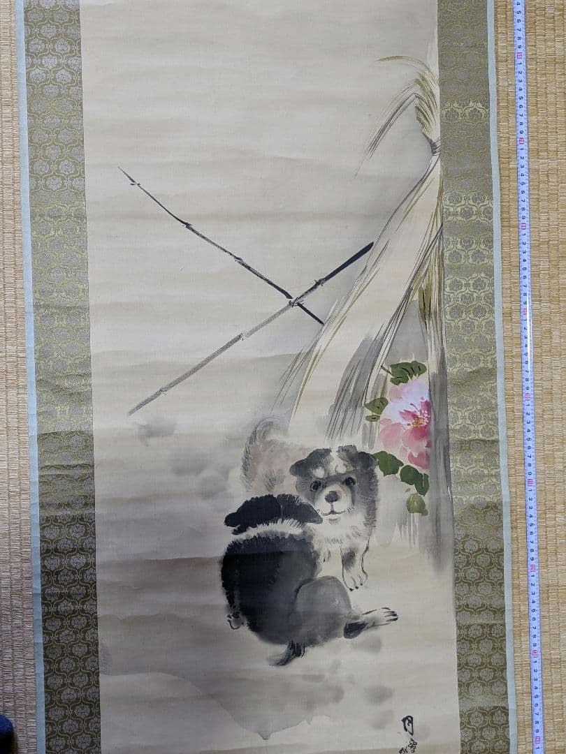 ♦犬と椿図 絹本水墨画 墨彩画 掛け軸？円山派 明治時代 鹿角古美術骨董品