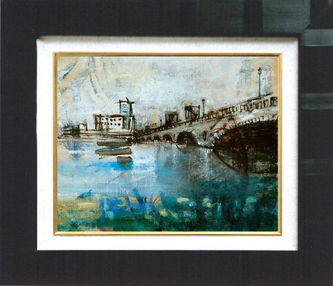 油絵 菅家令子 絵 絵画インテリア額付(青緑＋金色の枠)F4-090914風景橋