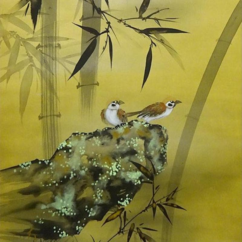 真作】掛軸 三浦大幹『竹に雀図』絹本 肉筆 共箱付 掛け軸 w053019