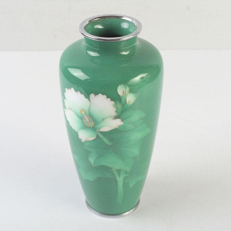 七宝焼 緑釉 花文 花瓶 V 9635