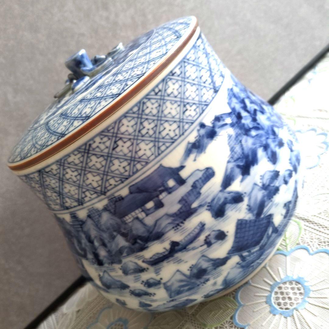 美品】平安徳永造／染付山形・青白色 陶器 水差し（共箱付き）