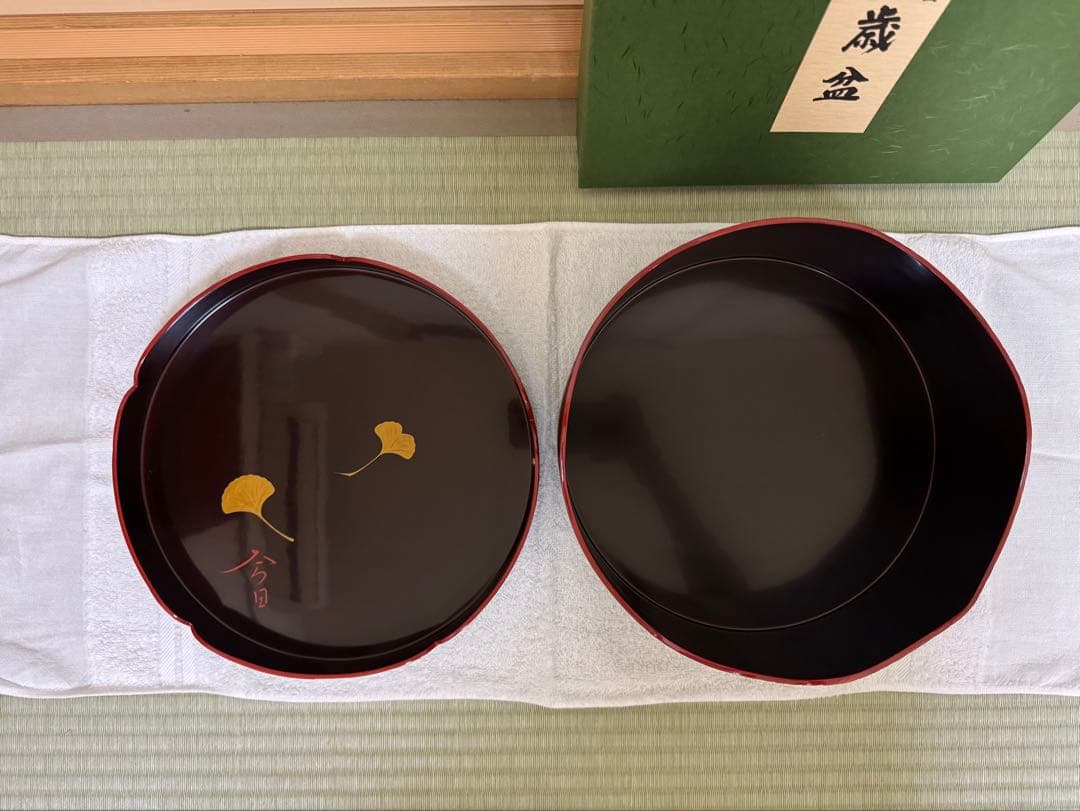 千歳盆 堅地本漆塗 溜真塗爪紅 今日入 化粧箱付き