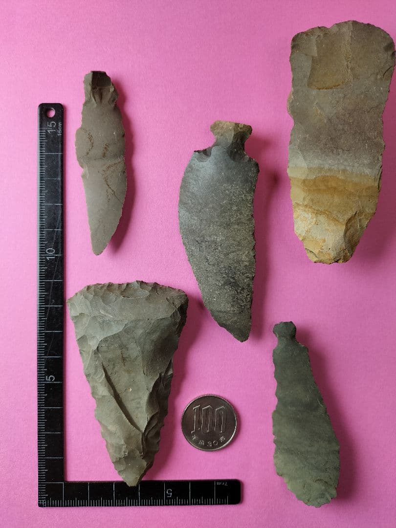旧石器時代セット (出土品)石匙、石ナイフ、三角型石器、石銛、5