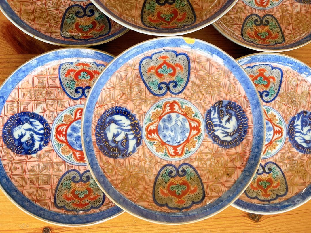 【骨董】古伊万里 玩玉銘 染付赤絵金彩 龍文様 皿6枚セット