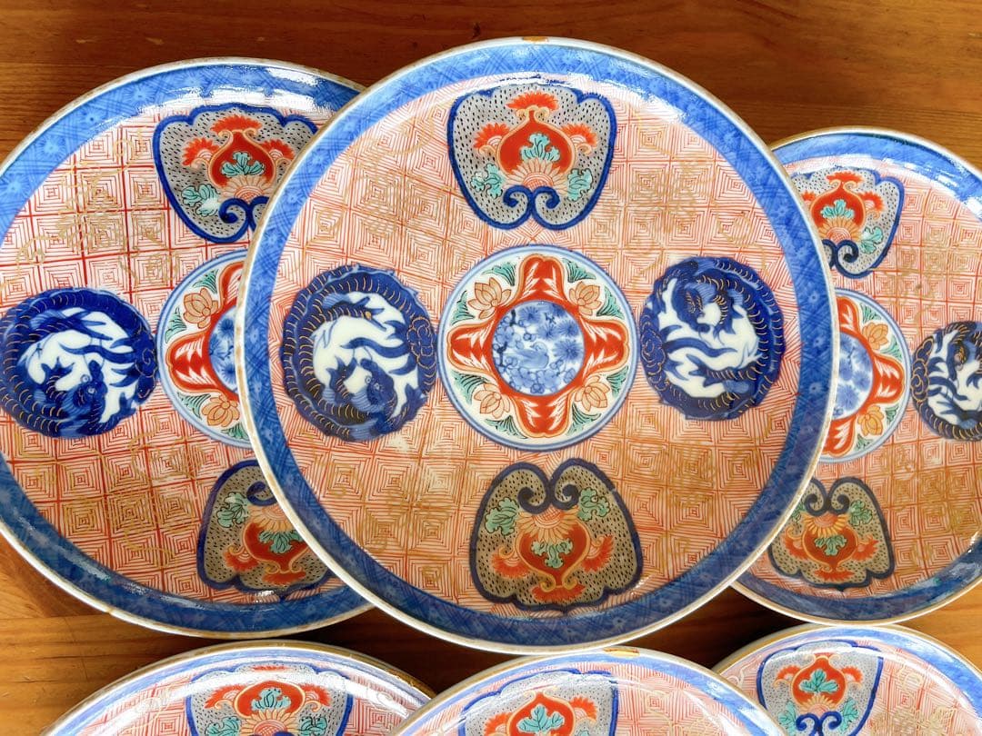 【骨董】古伊万里 玩玉銘 染付赤絵金彩 龍文様 皿6枚セット