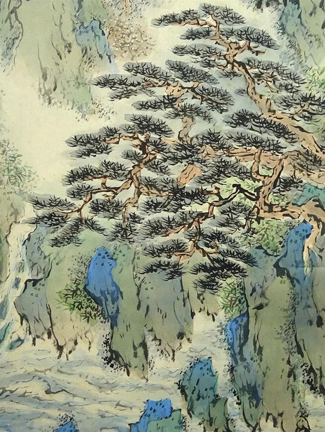 掛軸 横山春渓『蓬莱仙境図』蓬莱山水 絹本 共箱二重箱付 掛け軸