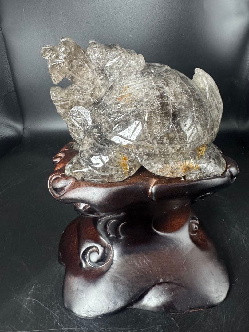 モリオン龍亀 天然石 台座付き カービング