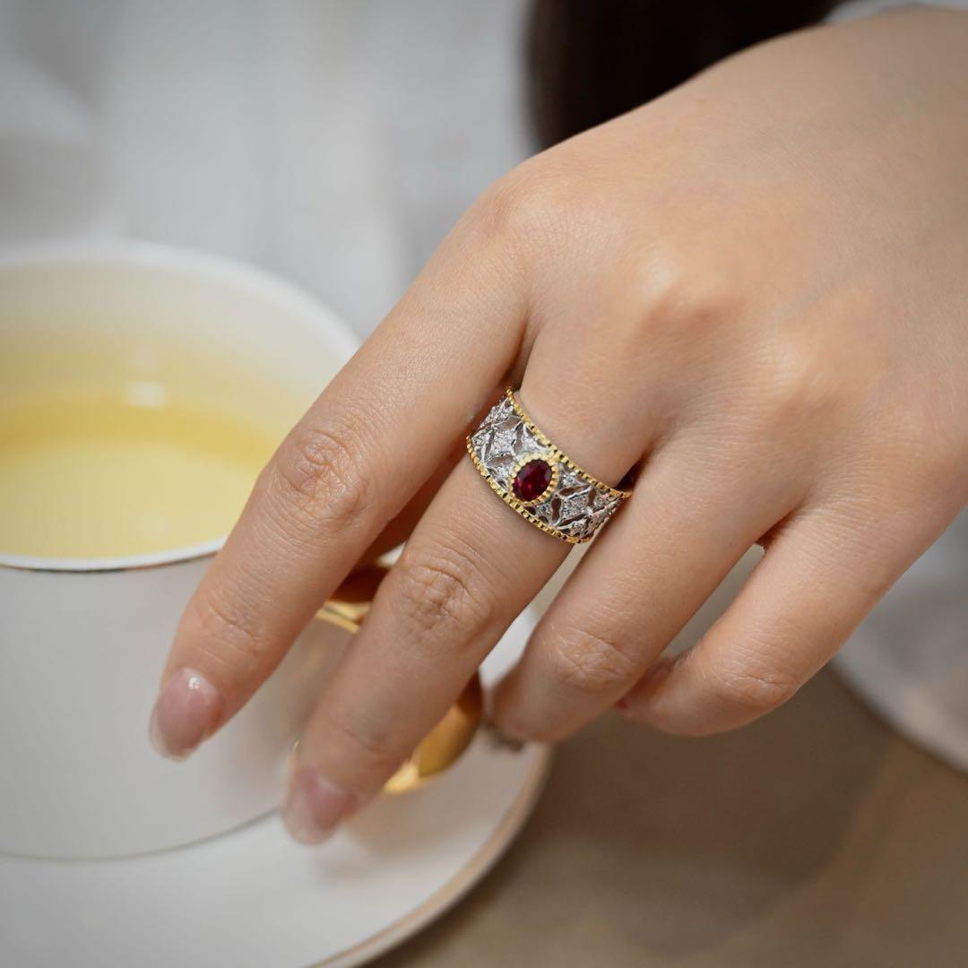 【S925純銀】ラボグロウン・ルビー 彫金ワイドリング／クラシックアンティーク