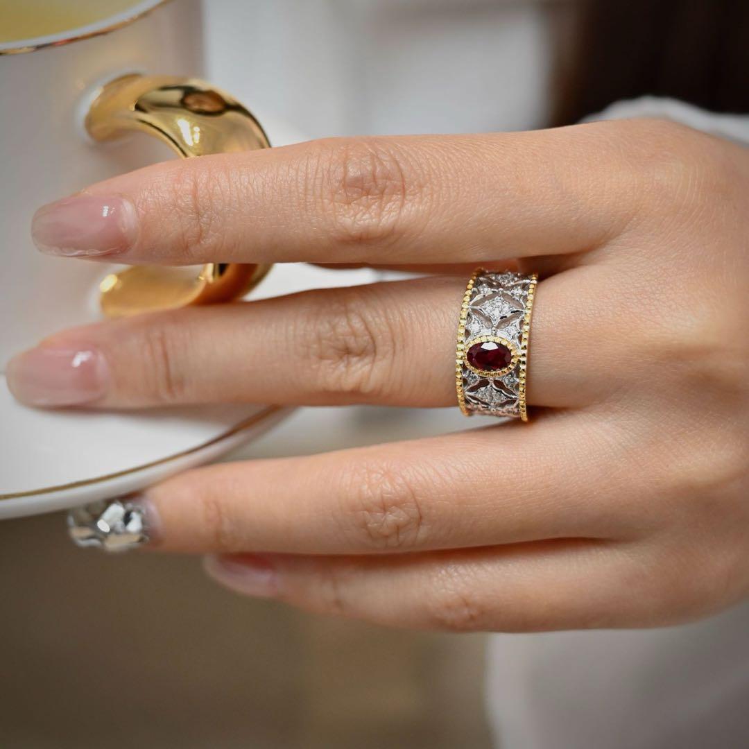 【S925純銀】ラボグロウン・ルビー 彫金ワイドリング／クラシックアンティーク