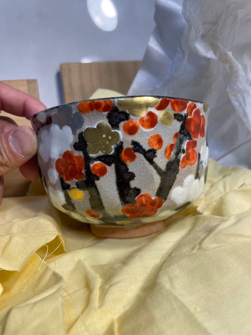 京焼 山川巌 作 乾山写し 色絵梅文 金彩 抹茶碗 共箱 茶道具