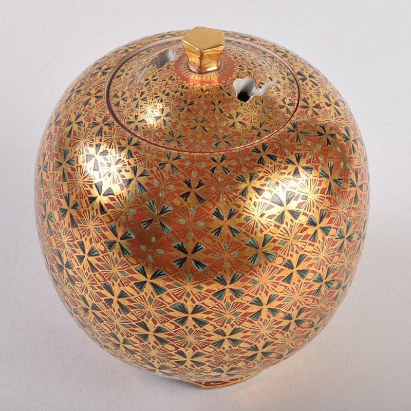 九谷焼　山本重義作　金彩　小紋手　香炉　共布共箱　M　R9007