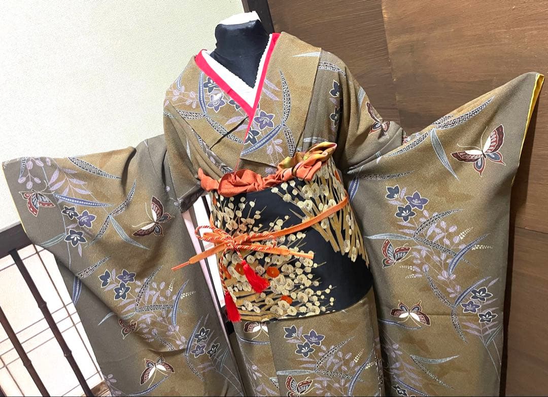 振袖フルセット6点サイズM〜L正絹 舞蝶草花文 暈し