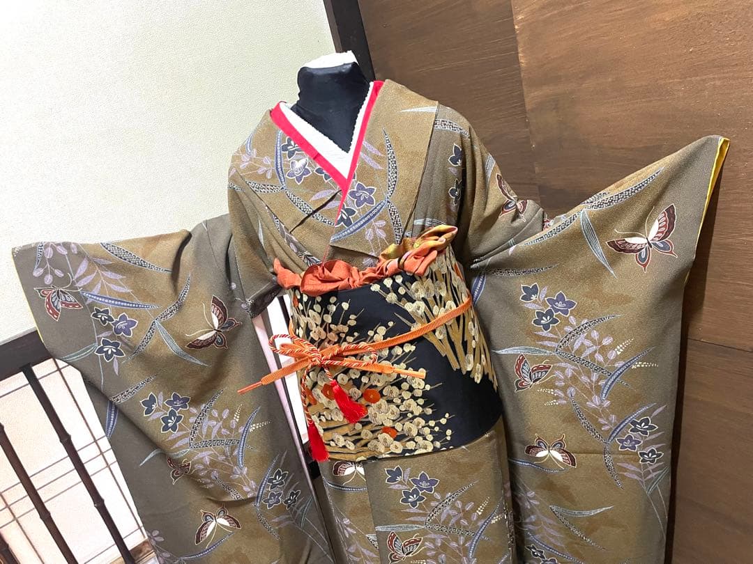 振袖フルセット6点サイズM〜L正絹 舞蝶草花文 暈し