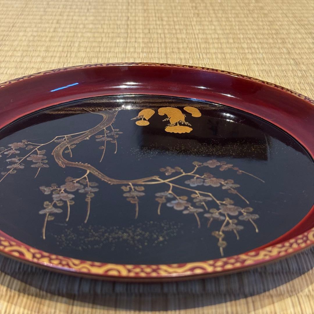 時代漆器 梨地 研ぎ出し梅蒔絵 丸盆 木製漆器 茶懐石道具 / 輪島塗