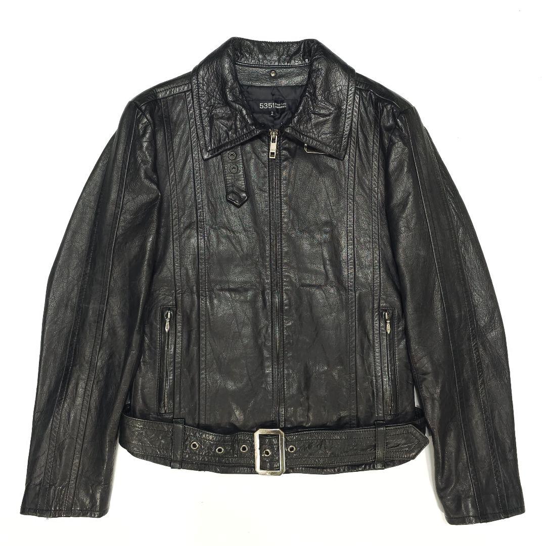 5351プールオム☆襟付きレザーシングルライダースジャケット黒2レザー