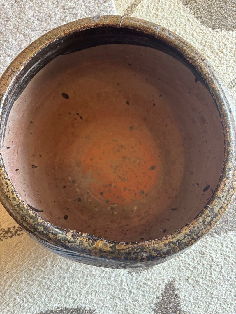 丹波焼　灰釉印花文甕　水差し花生け　骨董品アンティーク