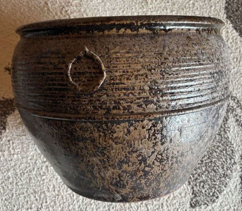 丹波焼　灰釉印花文甕　水差し花生け　骨董品アンティーク
