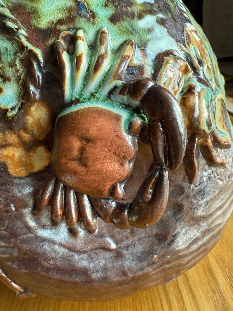 相馬焼？信楽焼？蟹 カニ装飾の陶器花瓶 置物 アンテリア