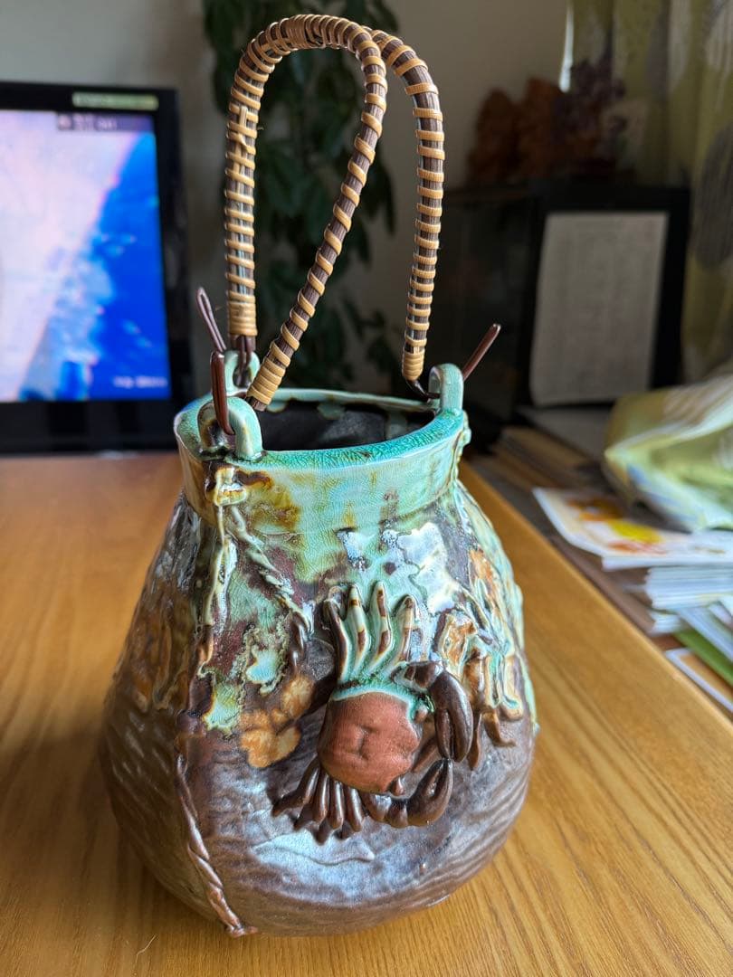 相馬焼？信楽焼？蟹 カニ装飾の陶器花瓶 置物 アンテリア
