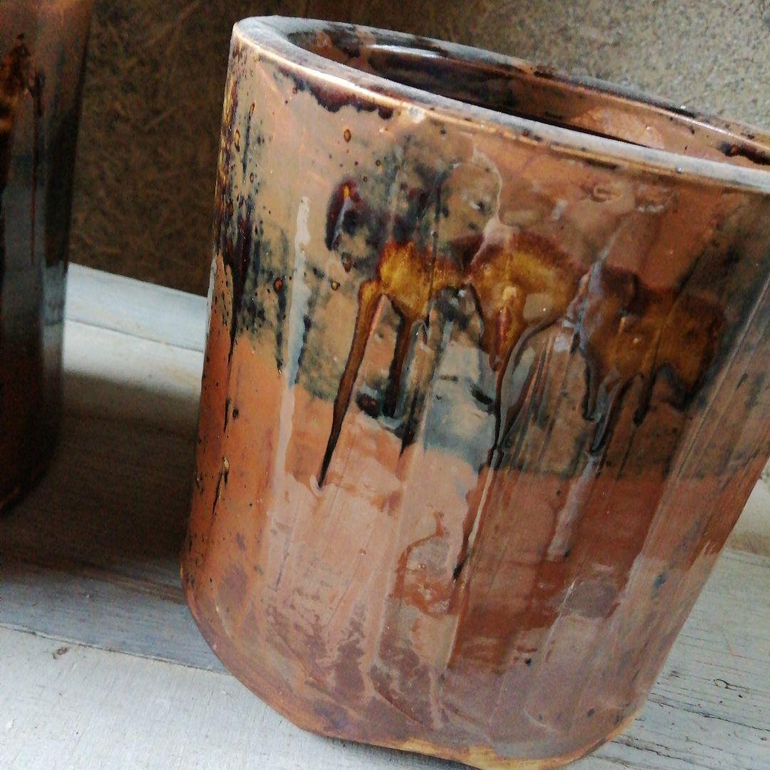 瀬戸焼 加藤作助 古瀬戸釉火鉢一対 21cm 大正～昭和中期