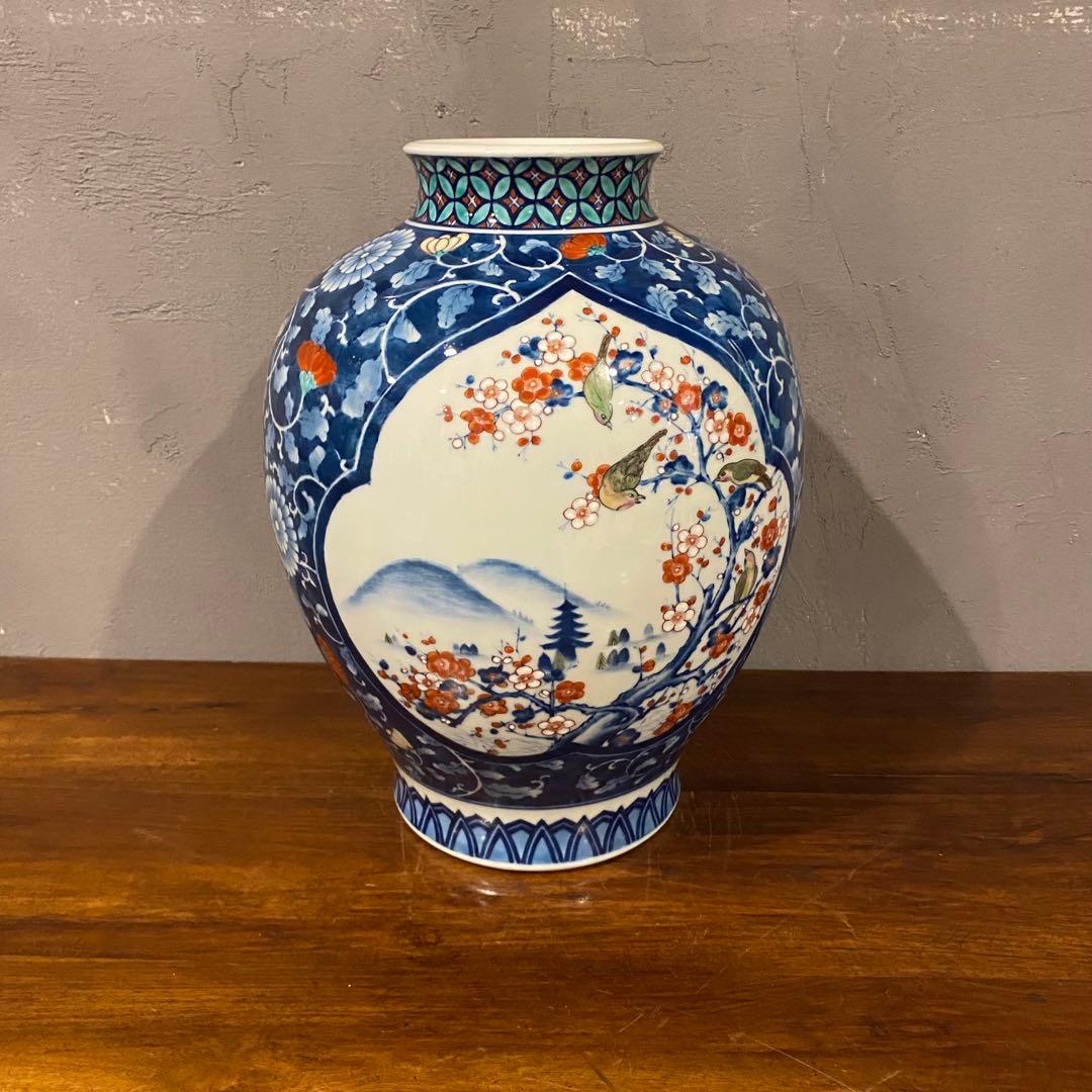 有田焼 池田視行作 二方割 花鳥文 大壺 36cm 骨董品 染