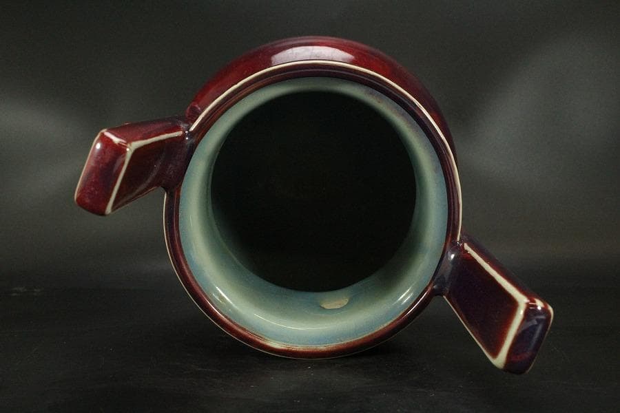 中国美術 鈞窯 紫斑釉 三足 双耳 香炉 高33.5cm(LC121)